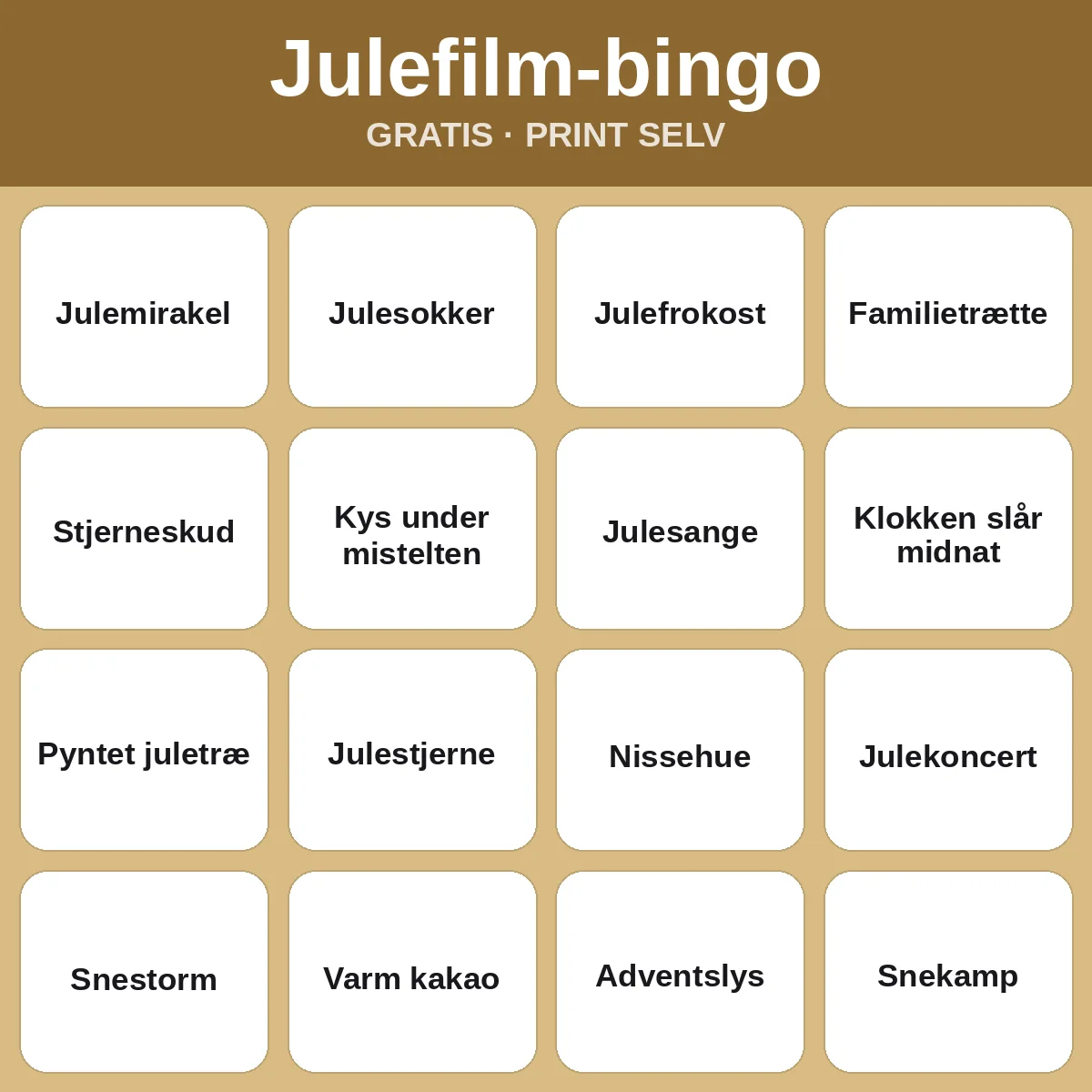 Julefilm-bingo – gratis bingo til print for børn