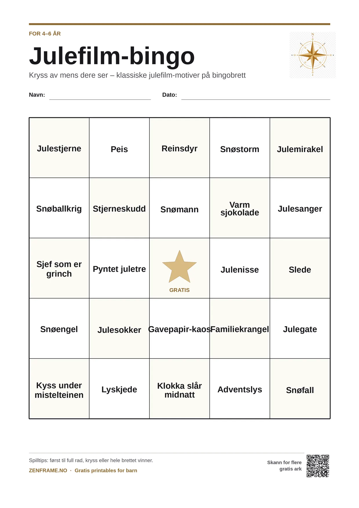 Julefilm-bingo for barn 4–6 år – gratis utskrivbart A4-brett