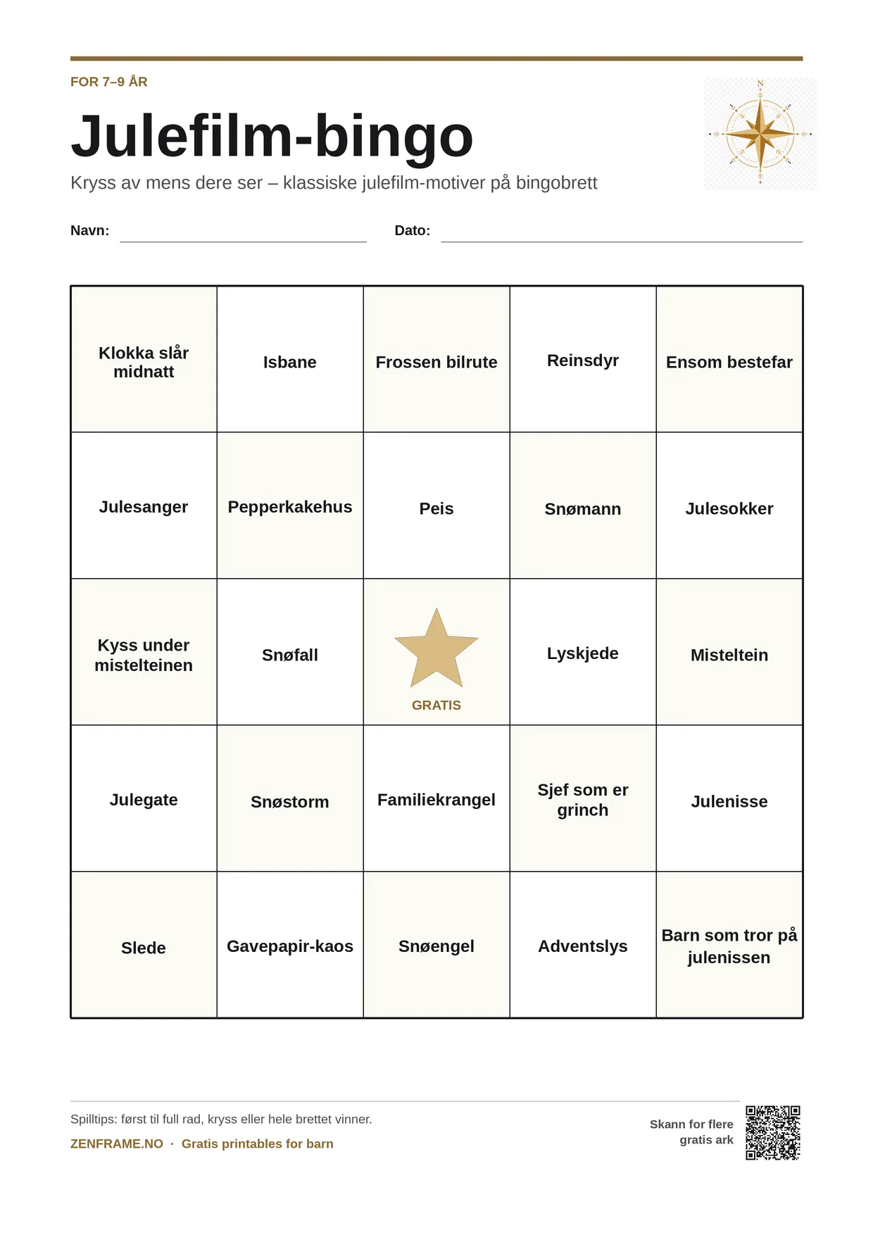 Julefilm-bingo for barn 7–9 år – gratis utskrivbart A4-brett
