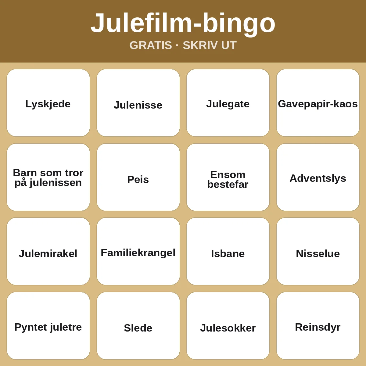 Julefilm-bingo – gratis bingo til utskrift for barn