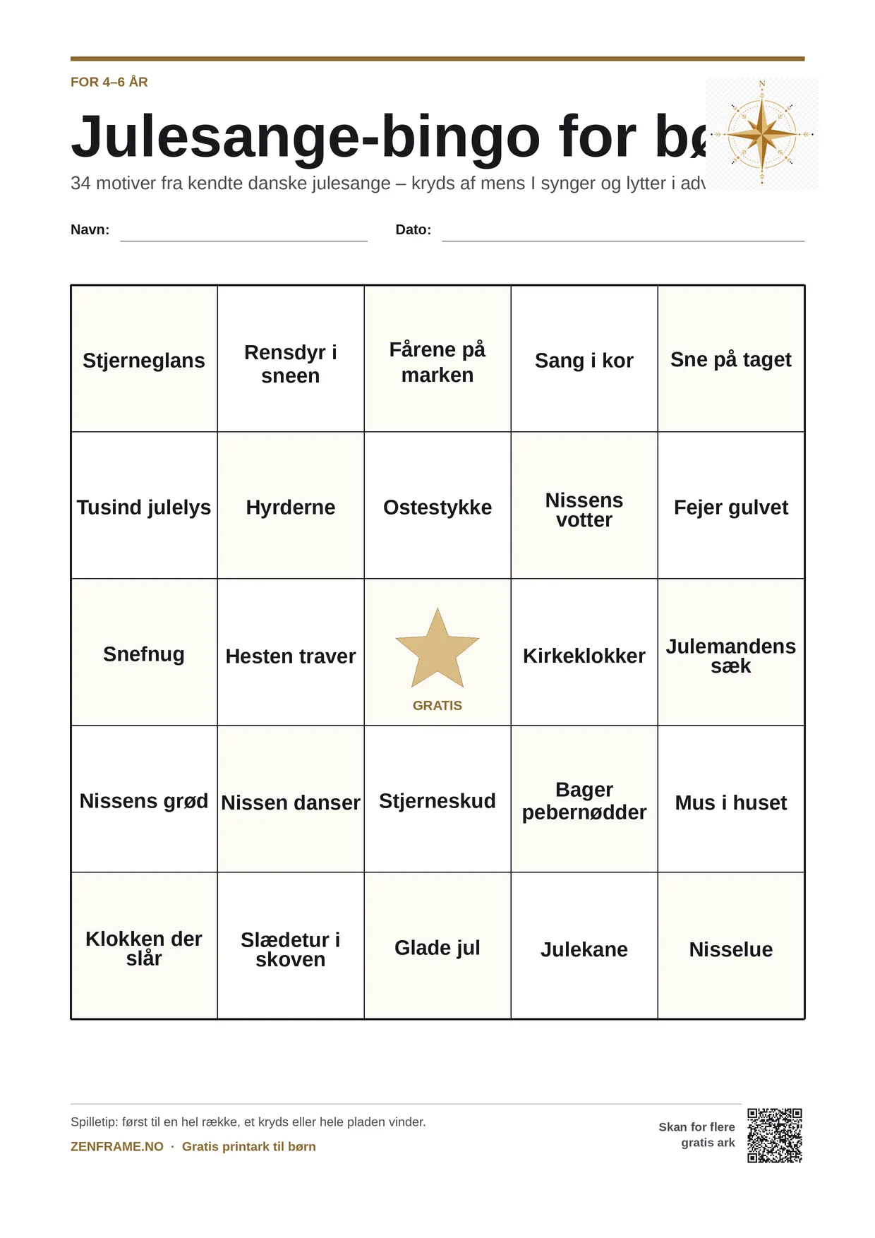 Julesange-bingo for børn 4–6 år – gratis printbar A4-plade