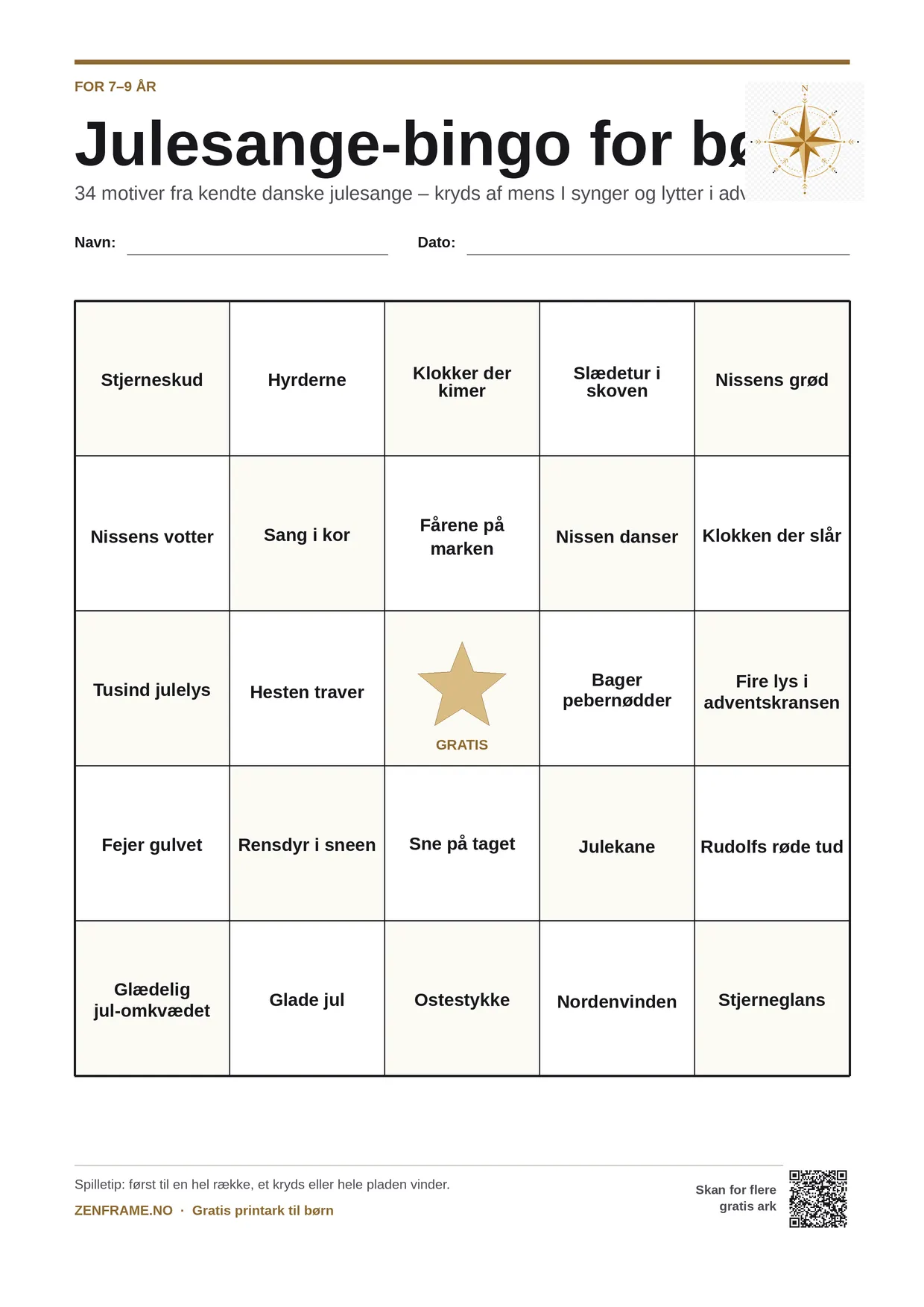 Julesange-bingo for børn 7–9 år – gratis printbar A4-plade