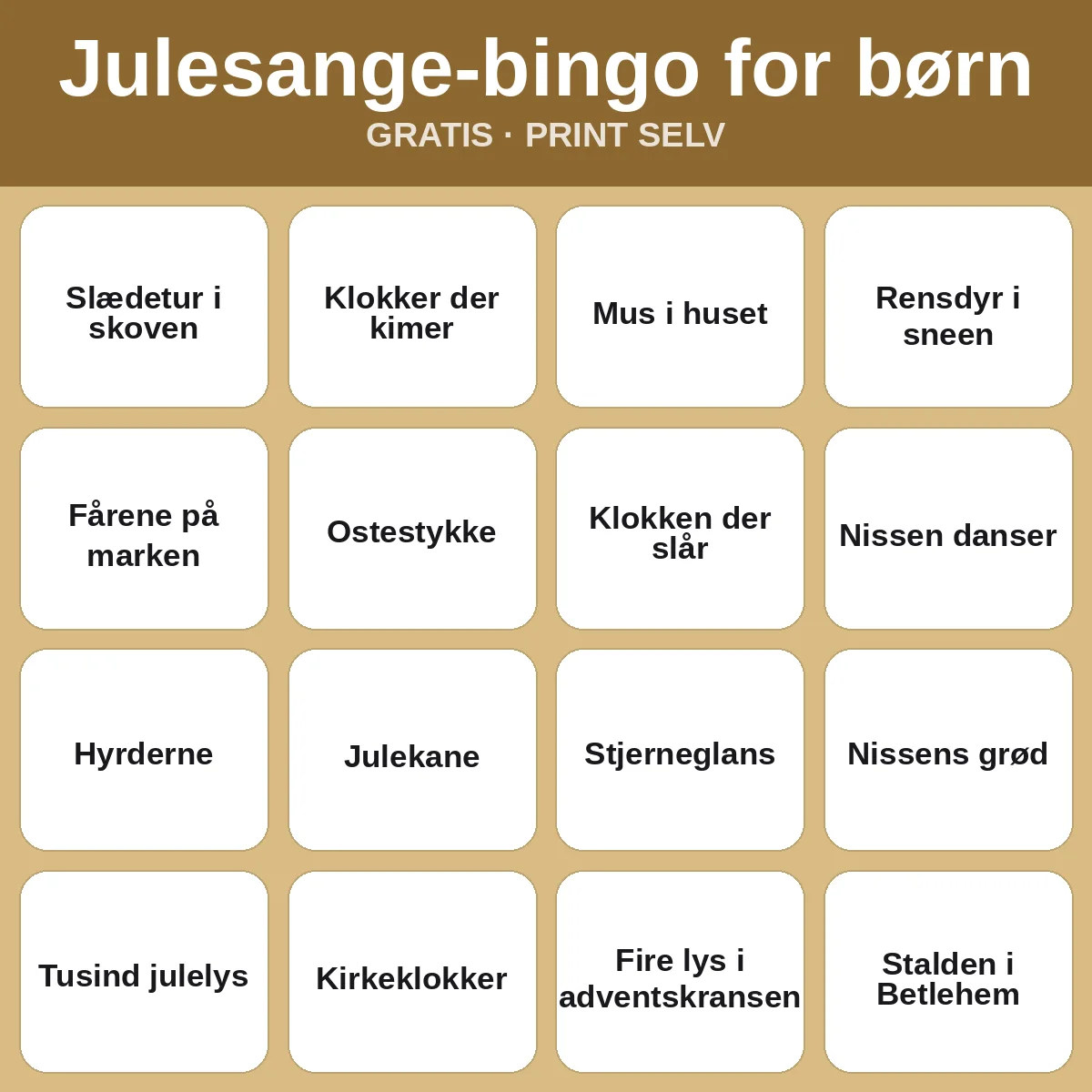 Julesange-bingo for børn – gratis bingo til print for børn
