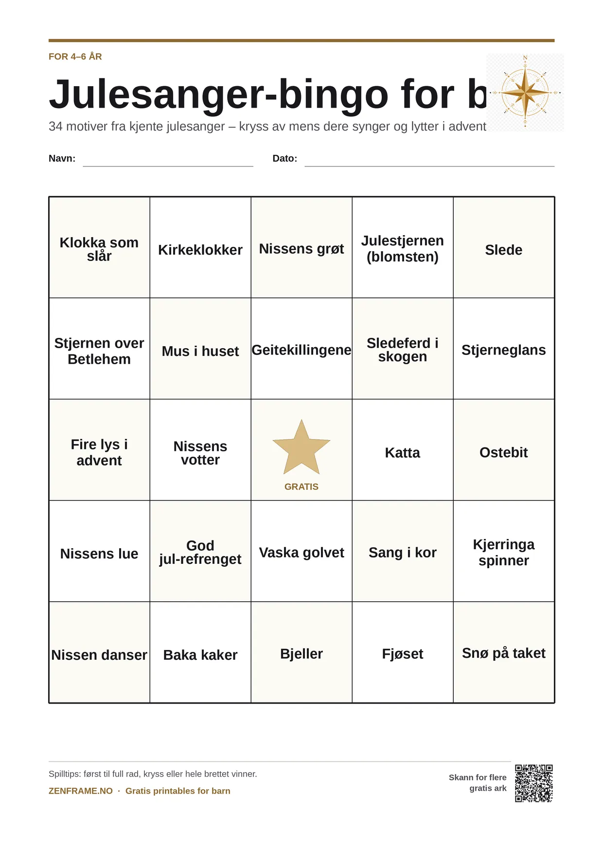 Julesanger-bingo for barn 4–6 år – gratis utskrivbart A4-brett