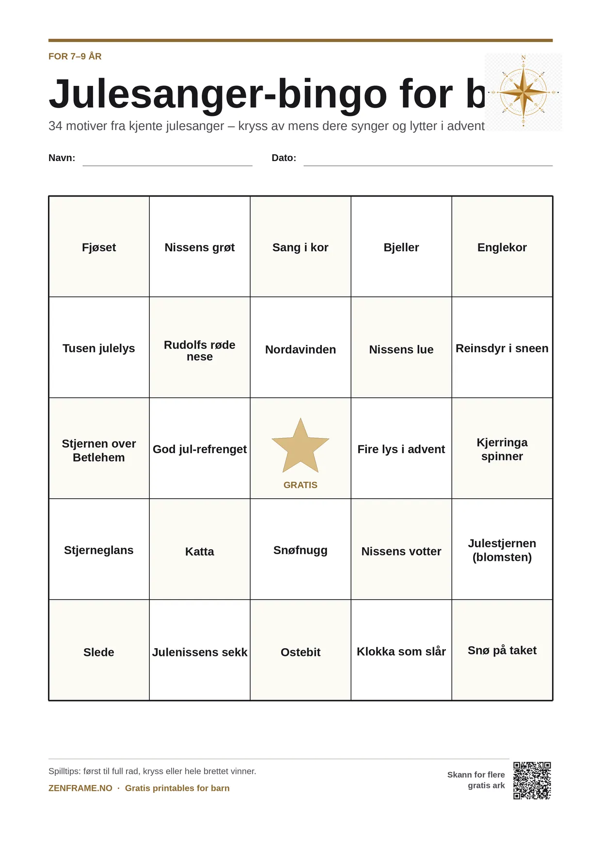 Julesanger-bingo for barn 7–9 år – gratis utskrivbart A4-brett