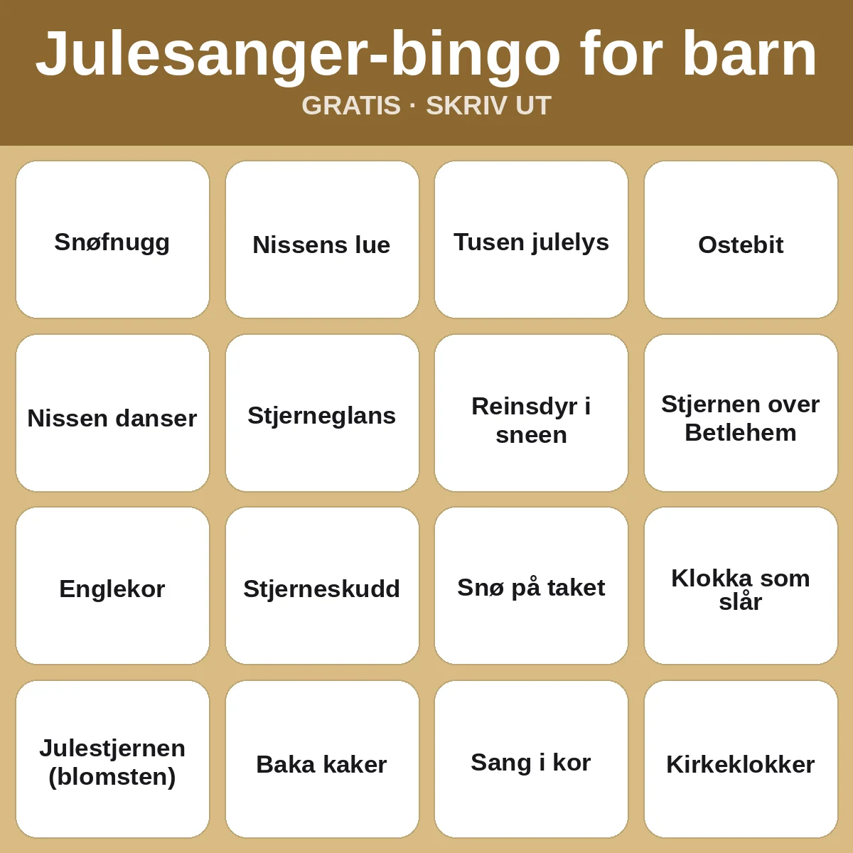 Julesanger-bingo for barn – gratis bingo til utskrift for barn