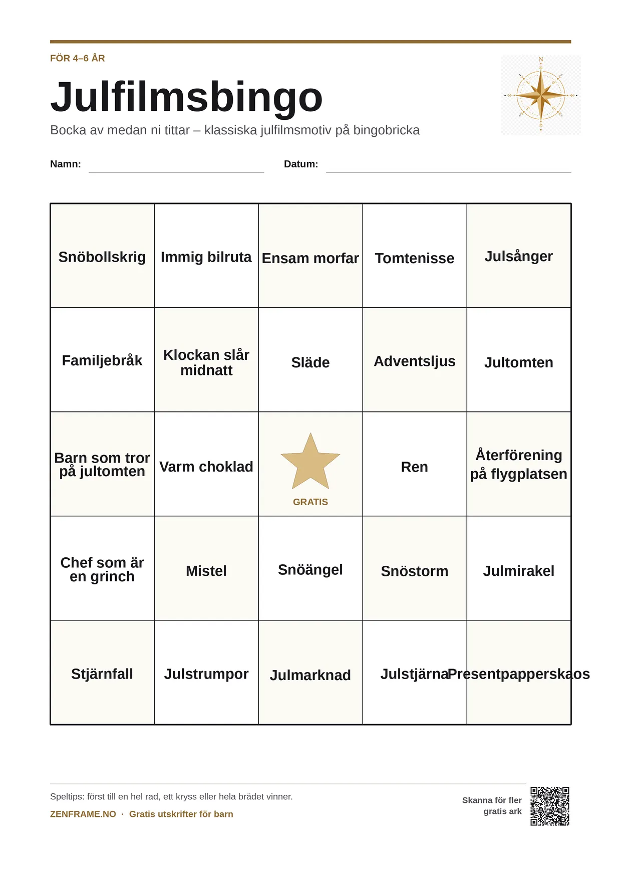 Julfilmsbingo för barn 4–6 år – gratis utskrivbart A4-bräde