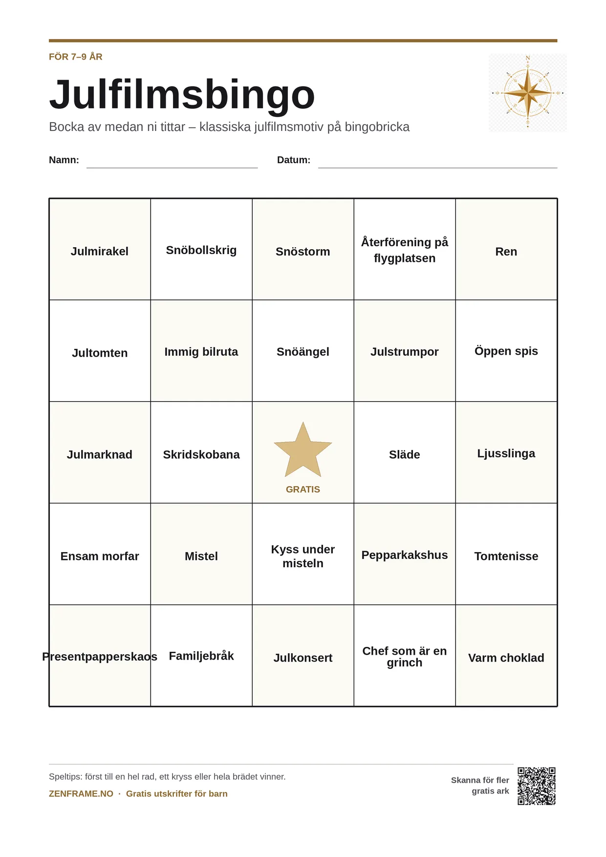 Julfilmsbingo för barn 7–9 år – gratis utskrivbart A4-bräde