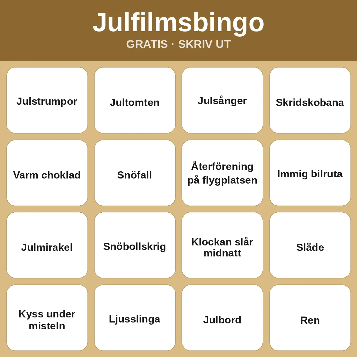 Julfilmsbingo – gratis bingo att skriva ut för barn