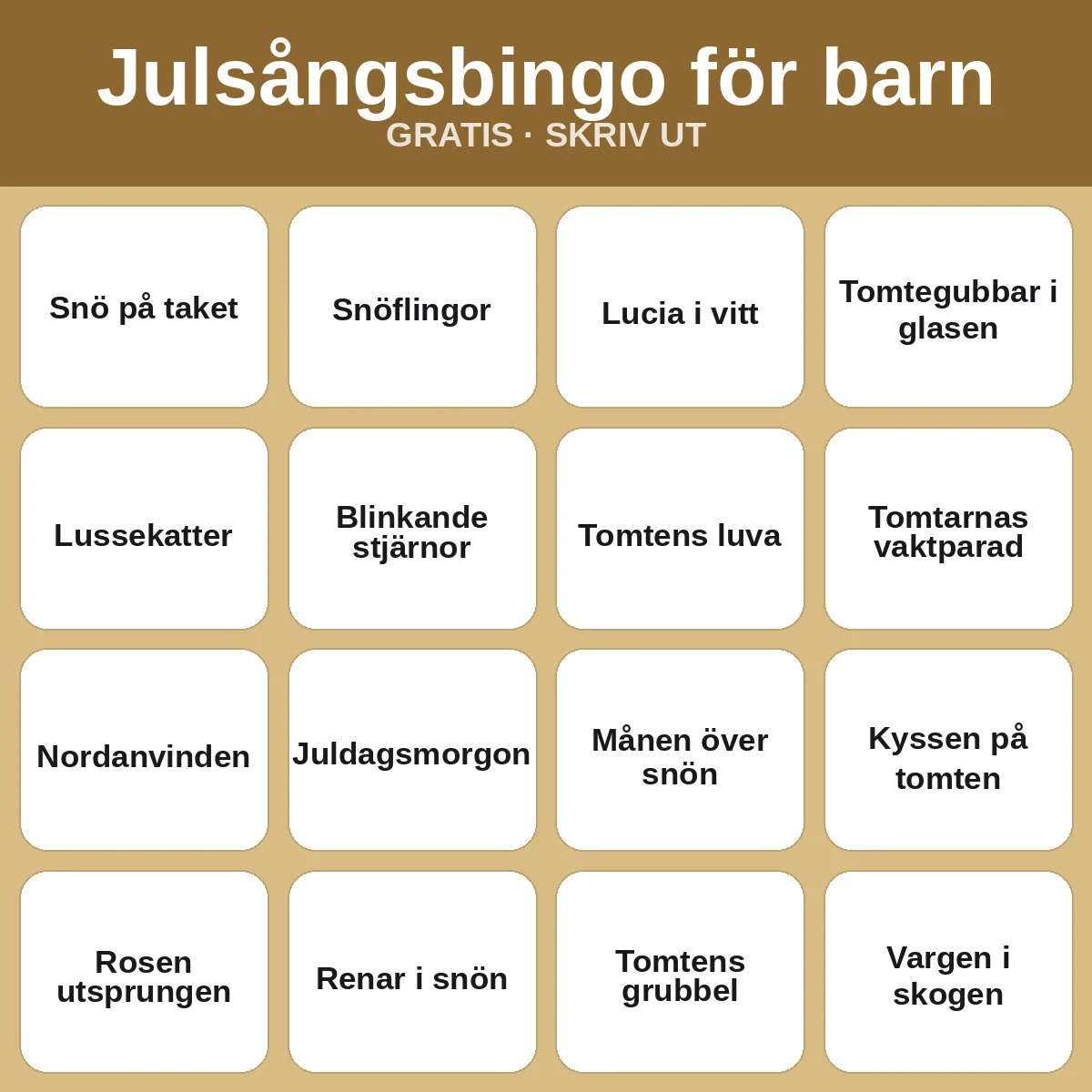 Julsångsbingo för barn – gratis bingo att skriva ut för barn