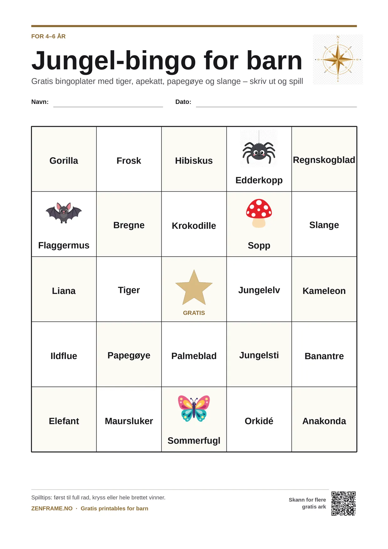 Jungel-bingo for barn 4–6 år – gratis utskrivbart A4-brett