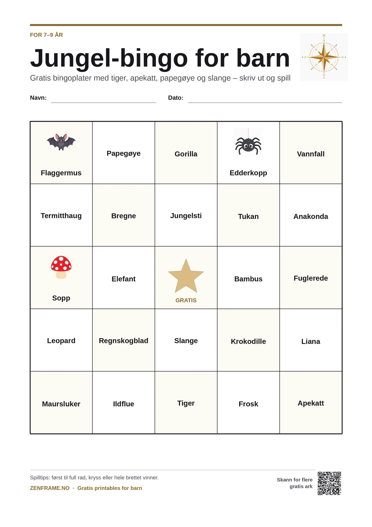Jungel-bingo for barn 7–9 år – gratis utskrivbart A4-brett