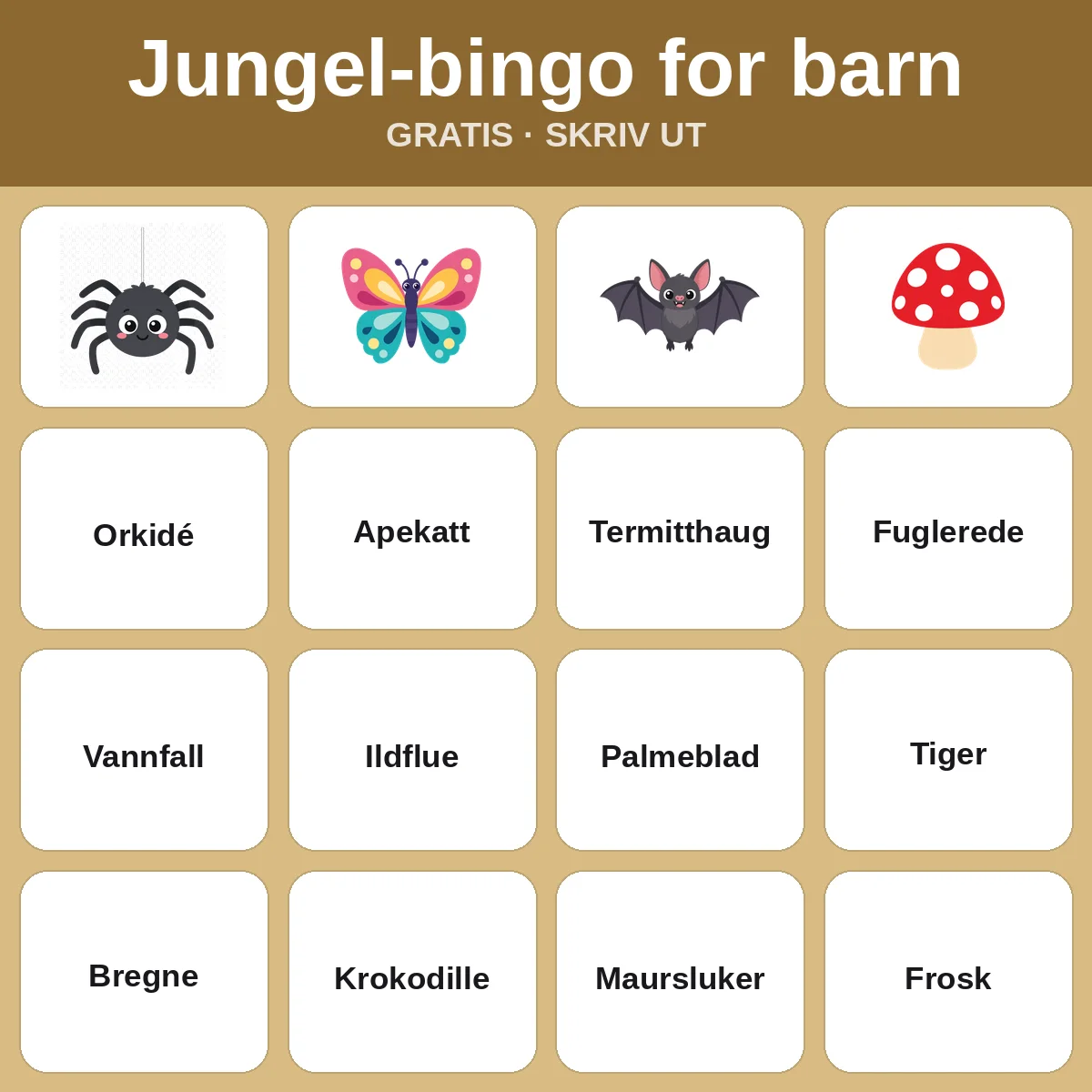 Jungel-bingo for barn – gratis bingo til utskrift for barn