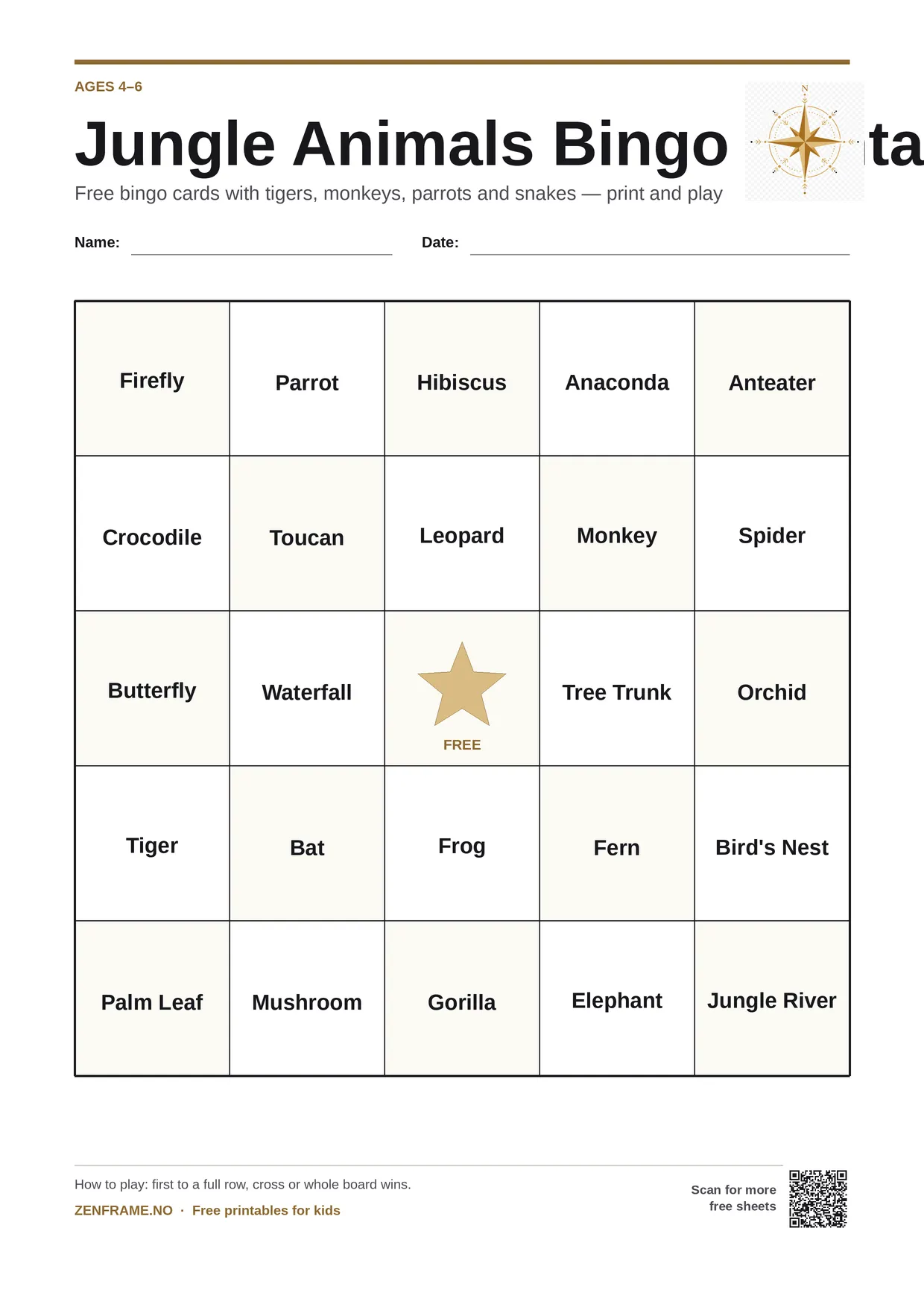 Jungle Animals Bingo Printable for kids ages 4–6 – free printable A4 board