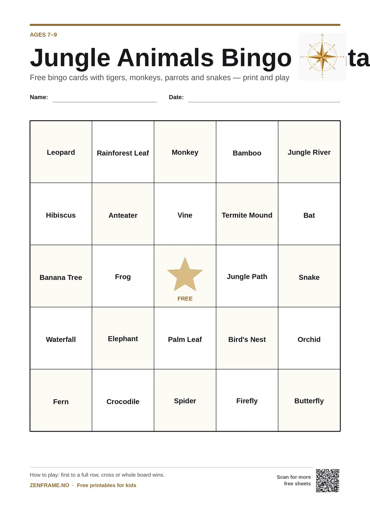 Jungle Animals Bingo Printable for kids ages 7–9 – free printable A4 board
