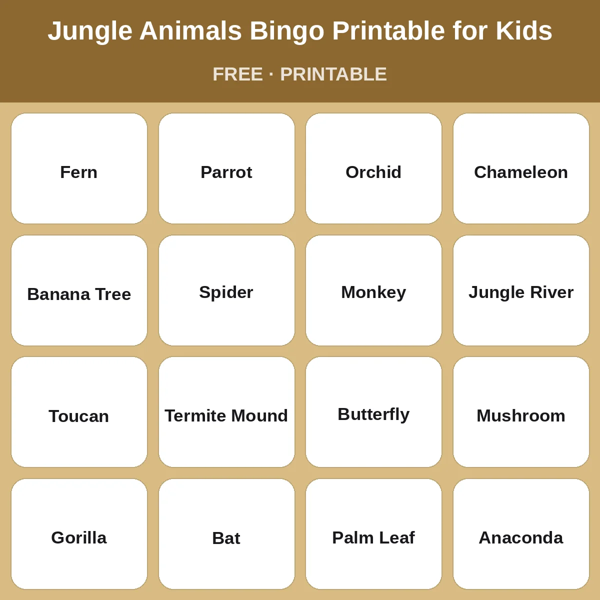 Jungle Animals Bingo Printable for Kids – free printable bingo for kids