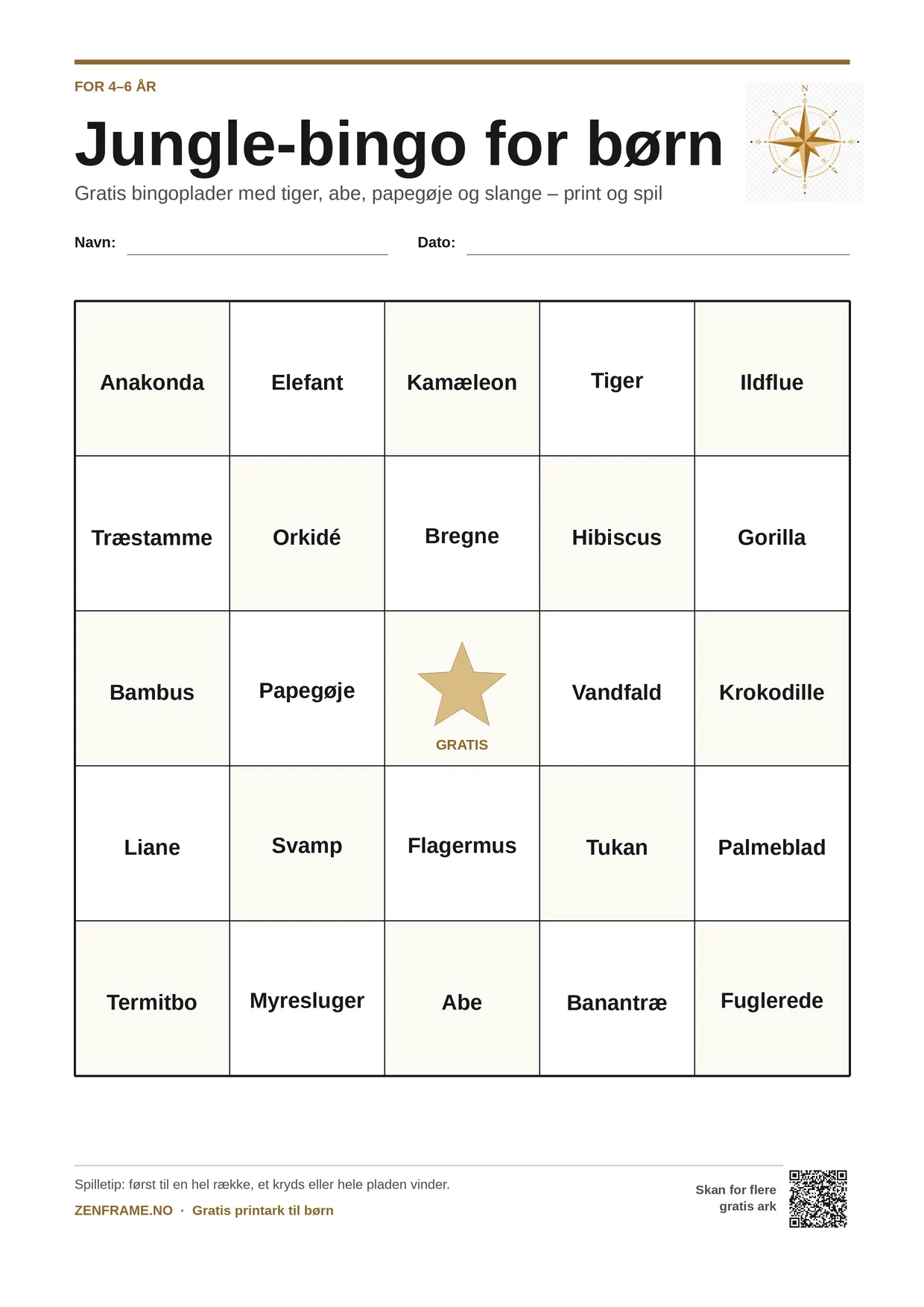 Jungle-bingo for børn 4–6 år – gratis printbar A4-plade