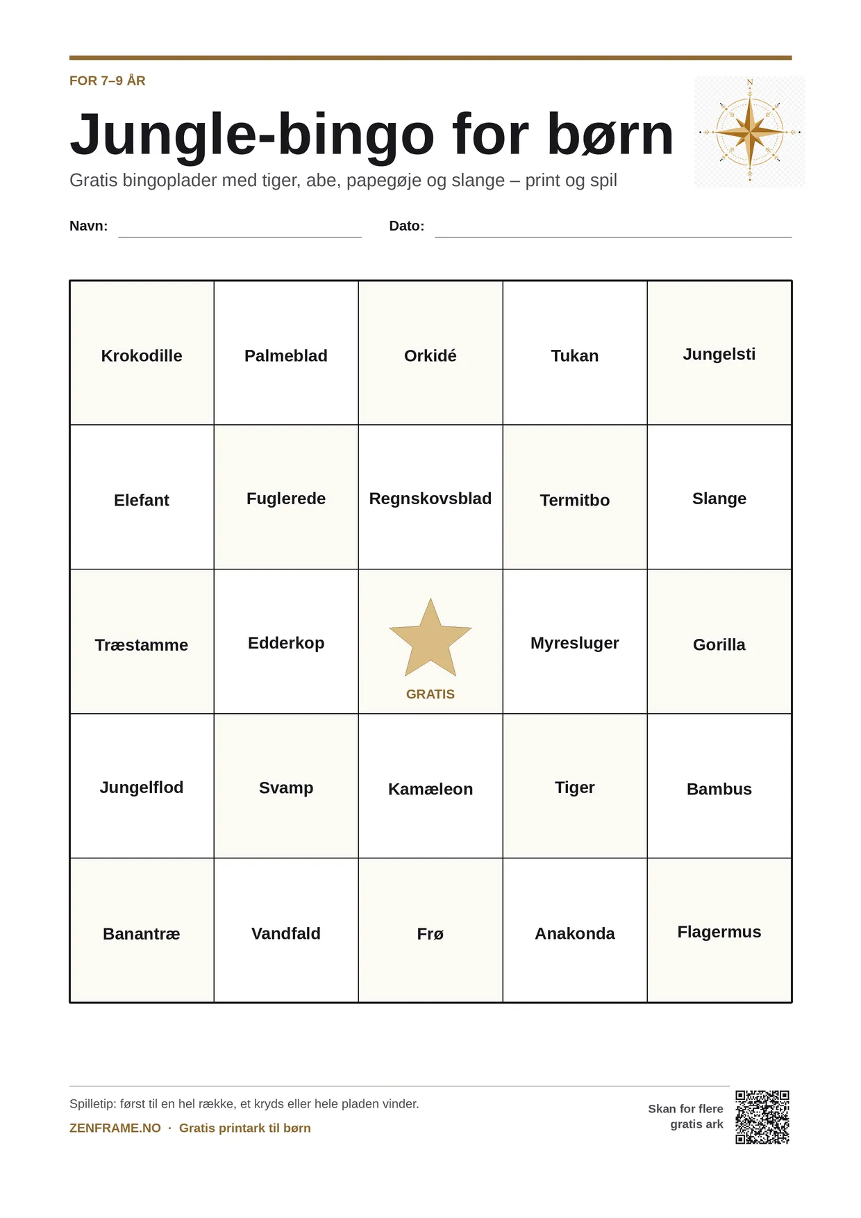 Jungle-bingo for børn 7–9 år – gratis printbar A4-plade