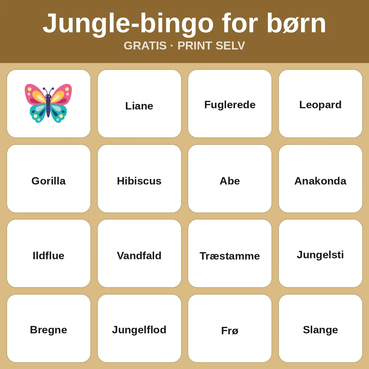 Jungle-bingo for børn – gratis bingo til print for børn
