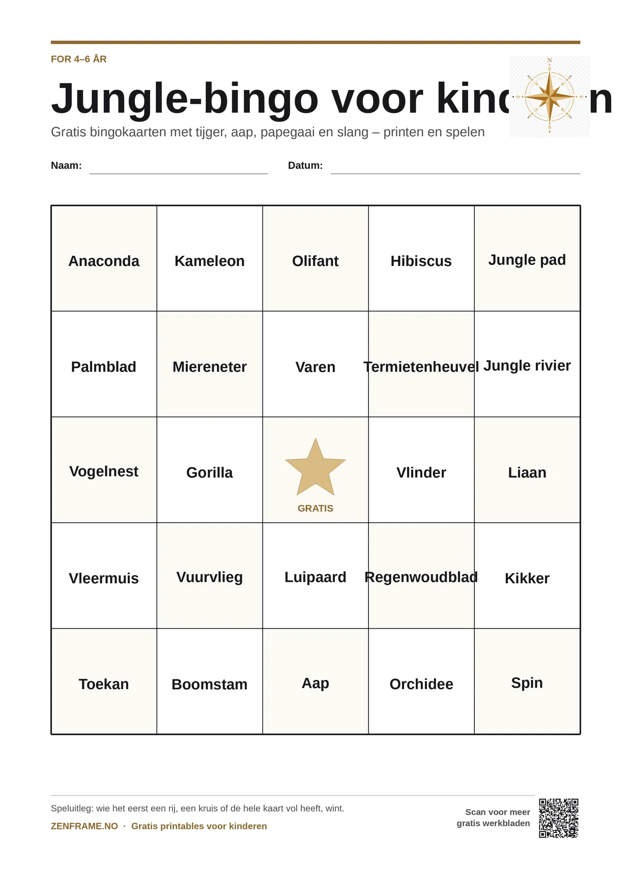Jungle-bingo voor kinderen 4–6 jaar – gratis printbare A4-kaart