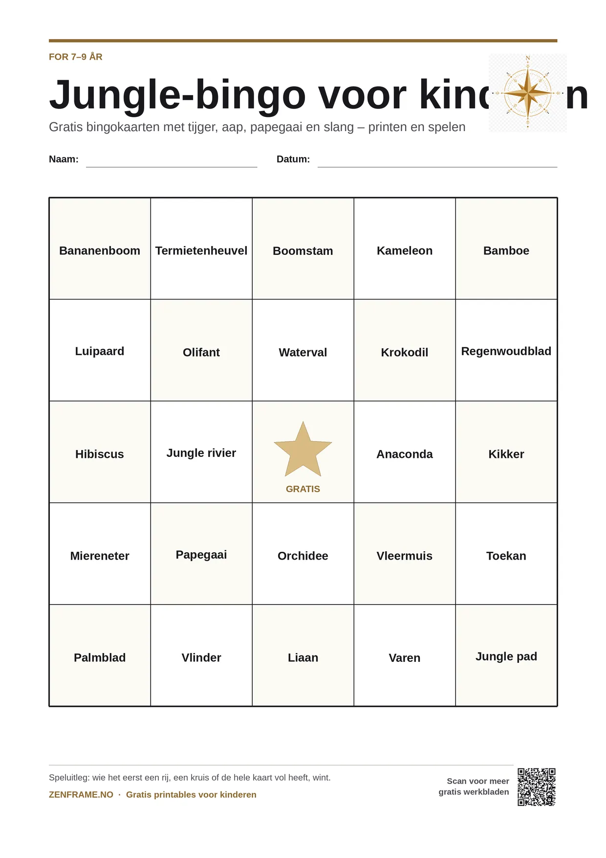 Jungle-bingo voor kinderen 7–9 jaar – gratis printbare A4-kaart