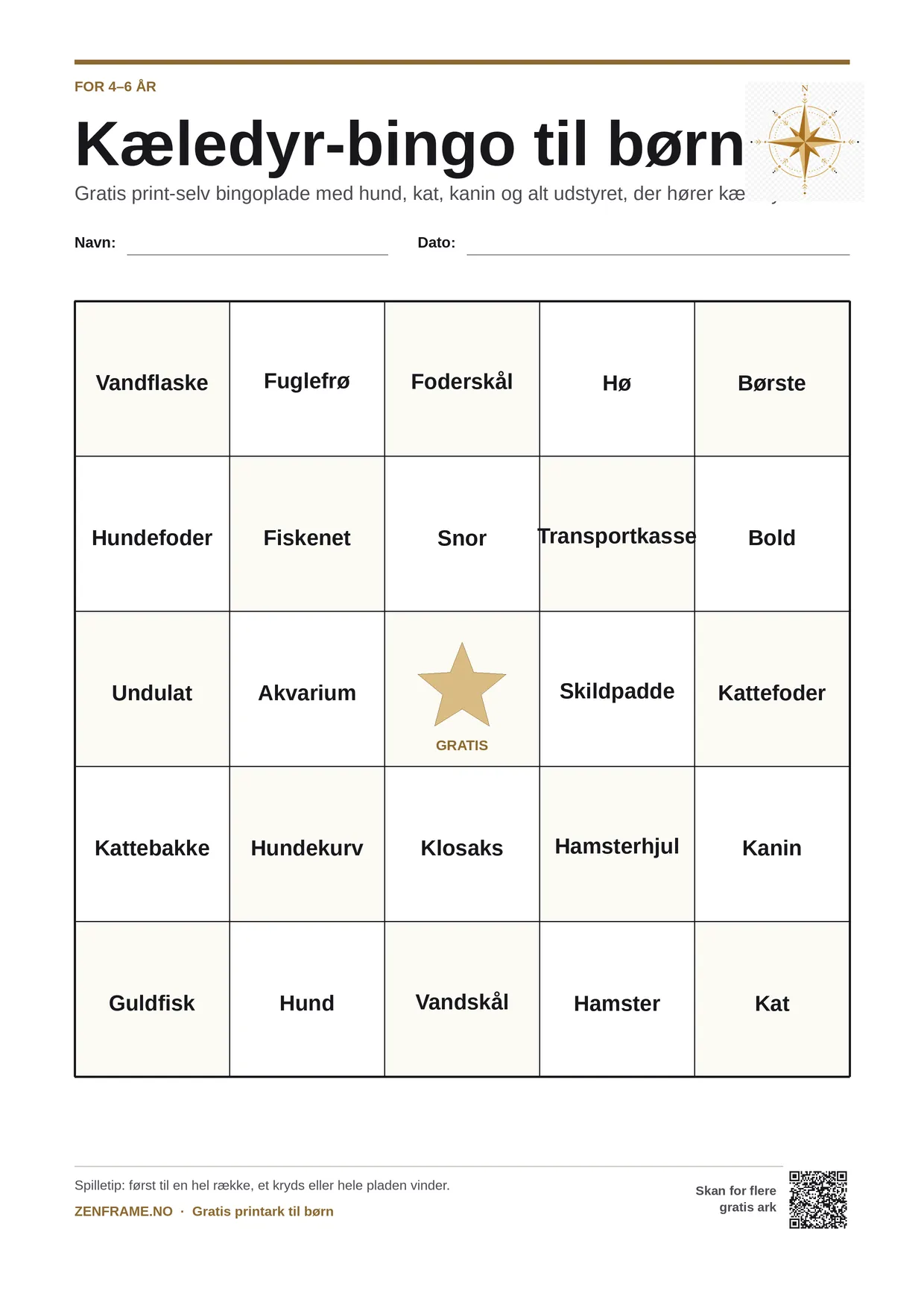 Kæledyr-bingo for børn 4–6 år – gratis printbar A4-plade