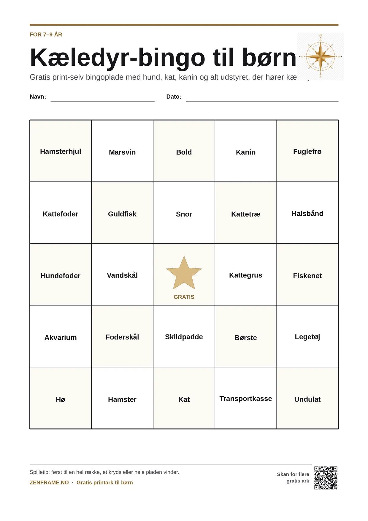 Kæledyr-bingo for børn 7–9 år – gratis printbar A4-plade