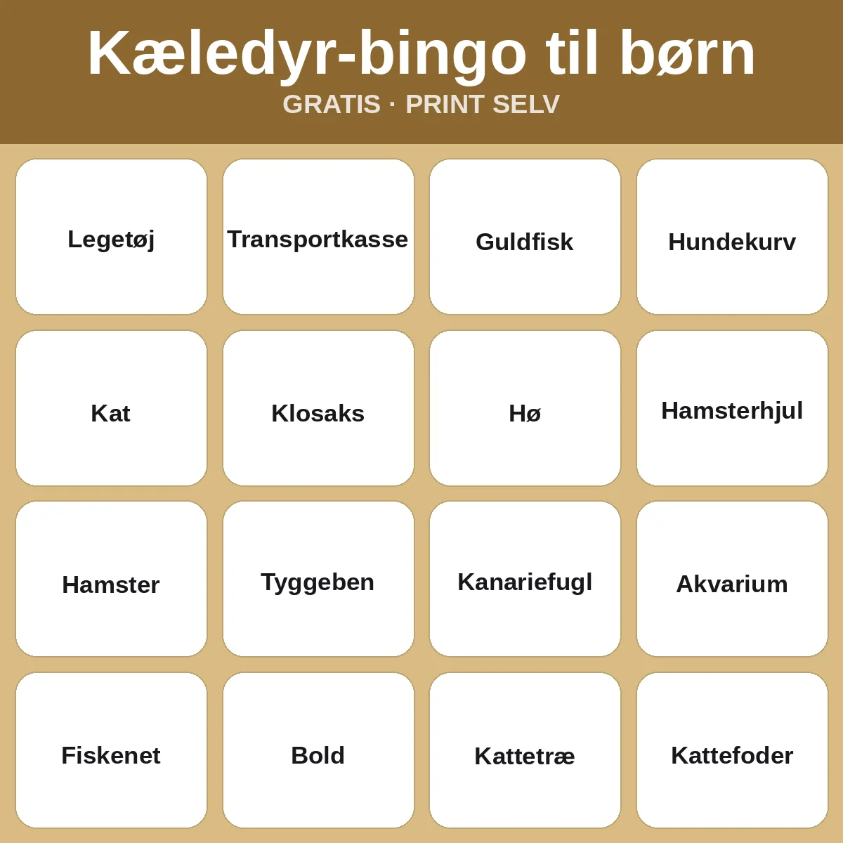 Kæledyr-bingo til børn – gratis bingo til print for børn