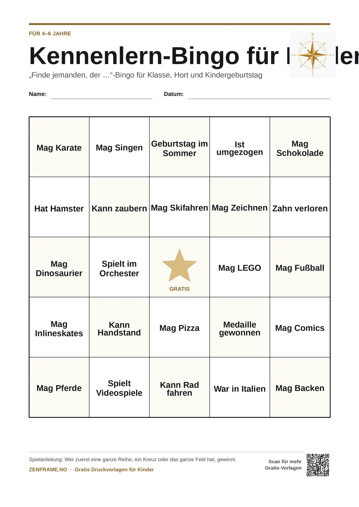 Kennenlern-Bingo für Kinder 4–6 Jahre – kostenlose A4-Vorlage zum Ausdrucken