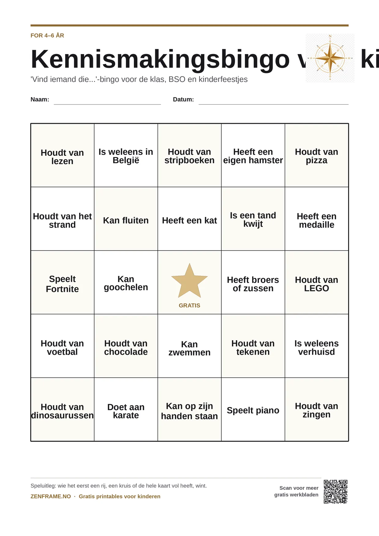Kennismakingsbingo voor kinderen 4–6 jaar – gratis printbare A4-kaart