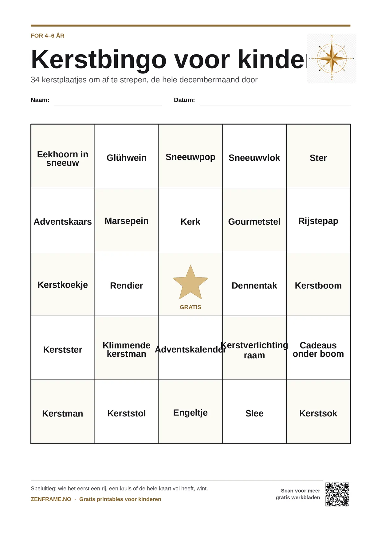 Kerstbingo voor kinderen 4–6 jaar – gratis printbare A4-kaart