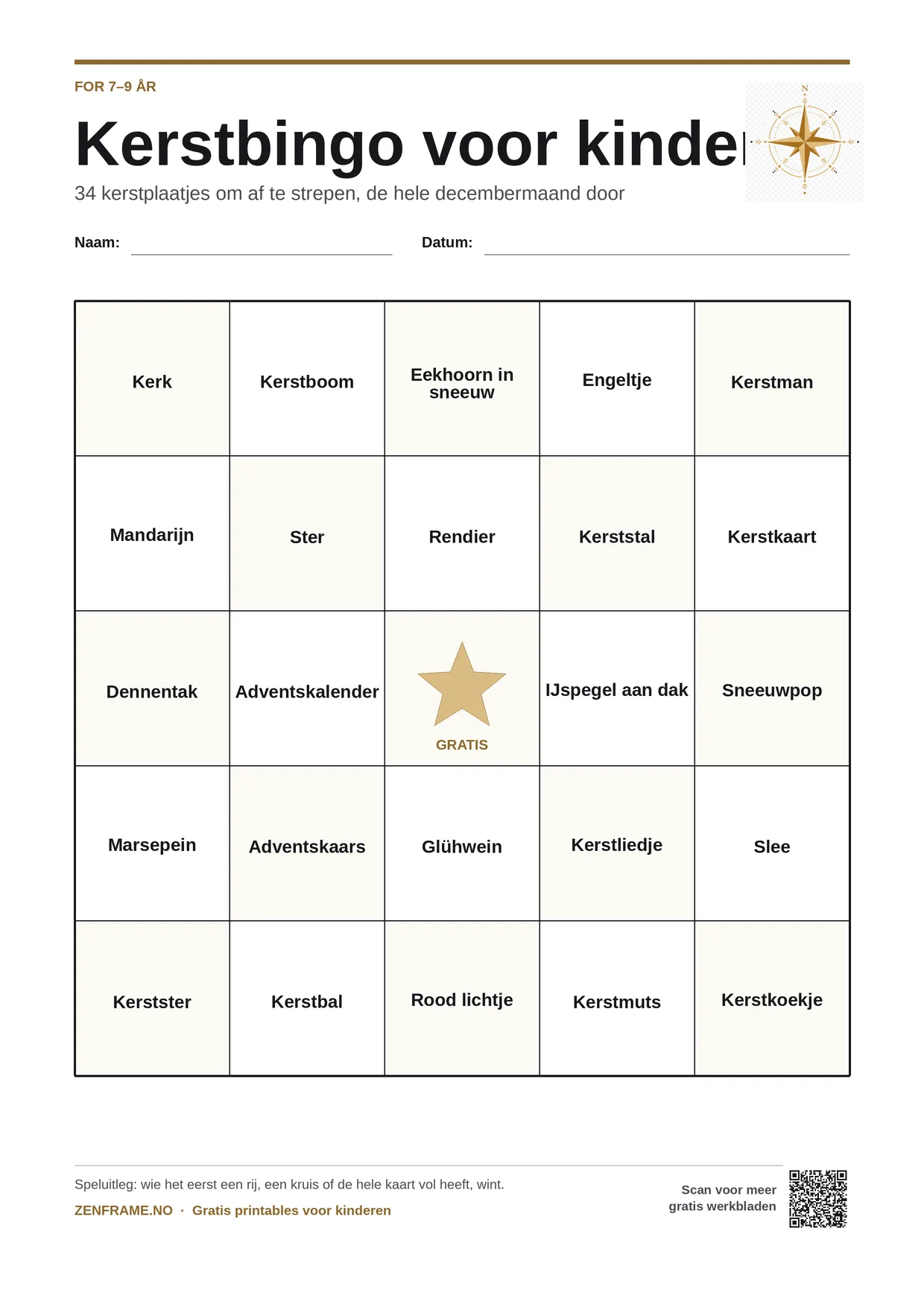 Kerstbingo voor kinderen 7–9 jaar – gratis printbare A4-kaart