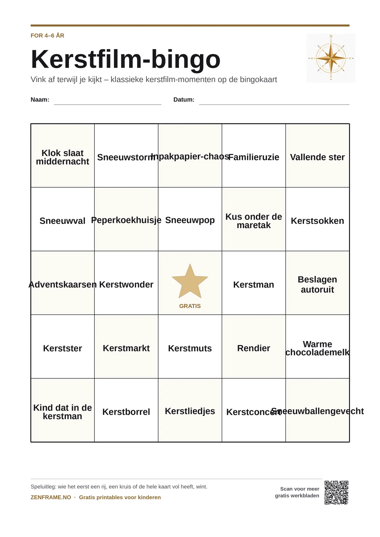 Kerstfilm-bingo voor kinderen 4–6 jaar – gratis printbare A4-kaart