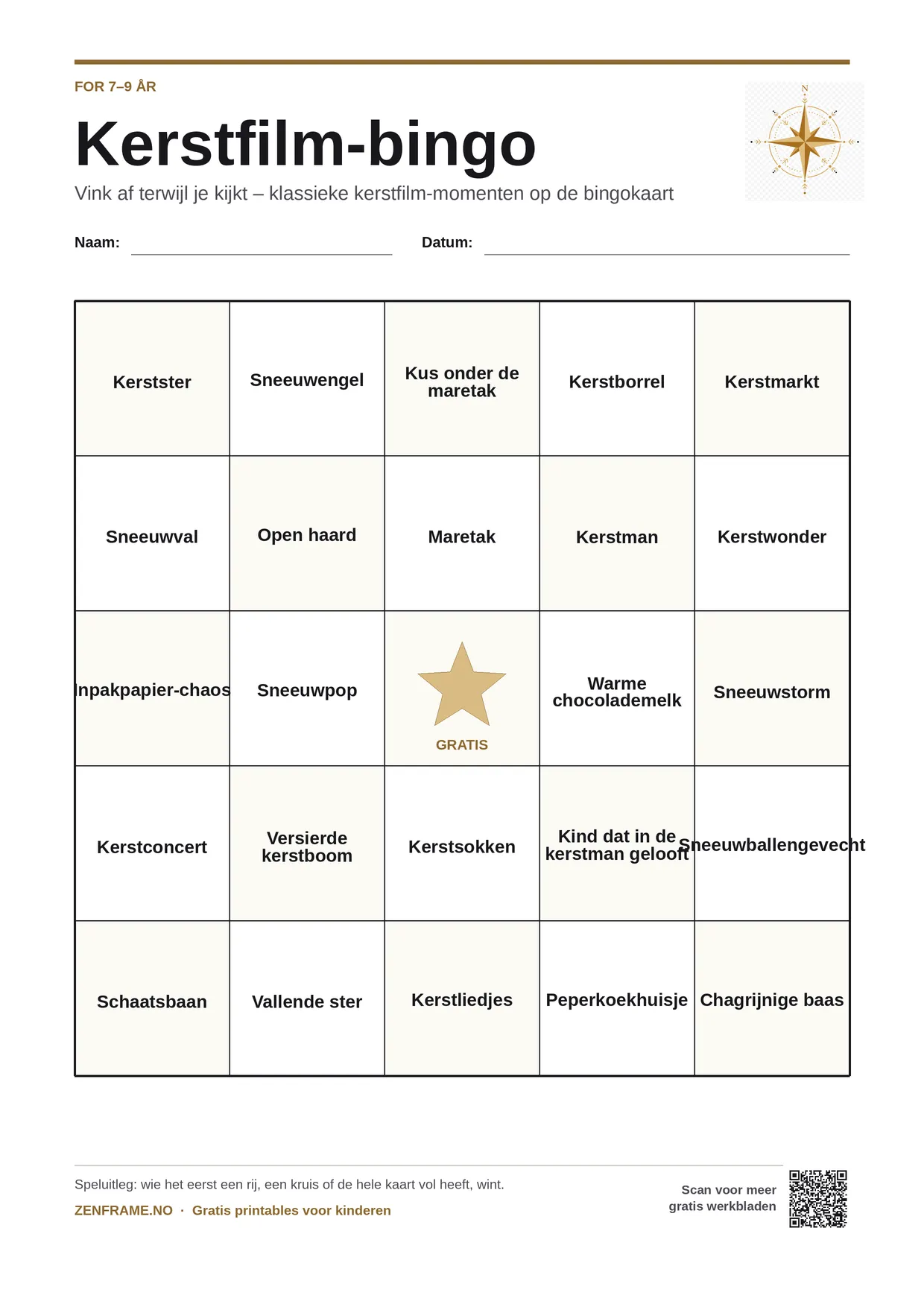 Kerstfilm-bingo voor kinderen 7–9 jaar – gratis printbare A4-kaart