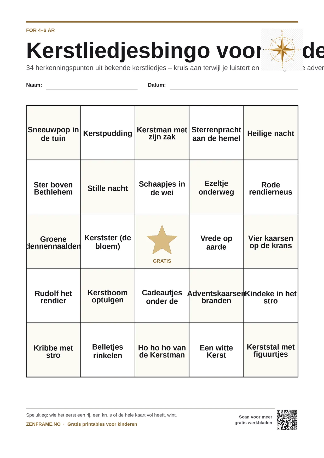Kerstliedjesbingo voor kinderen 4–6 jaar – gratis printbare A4-kaart