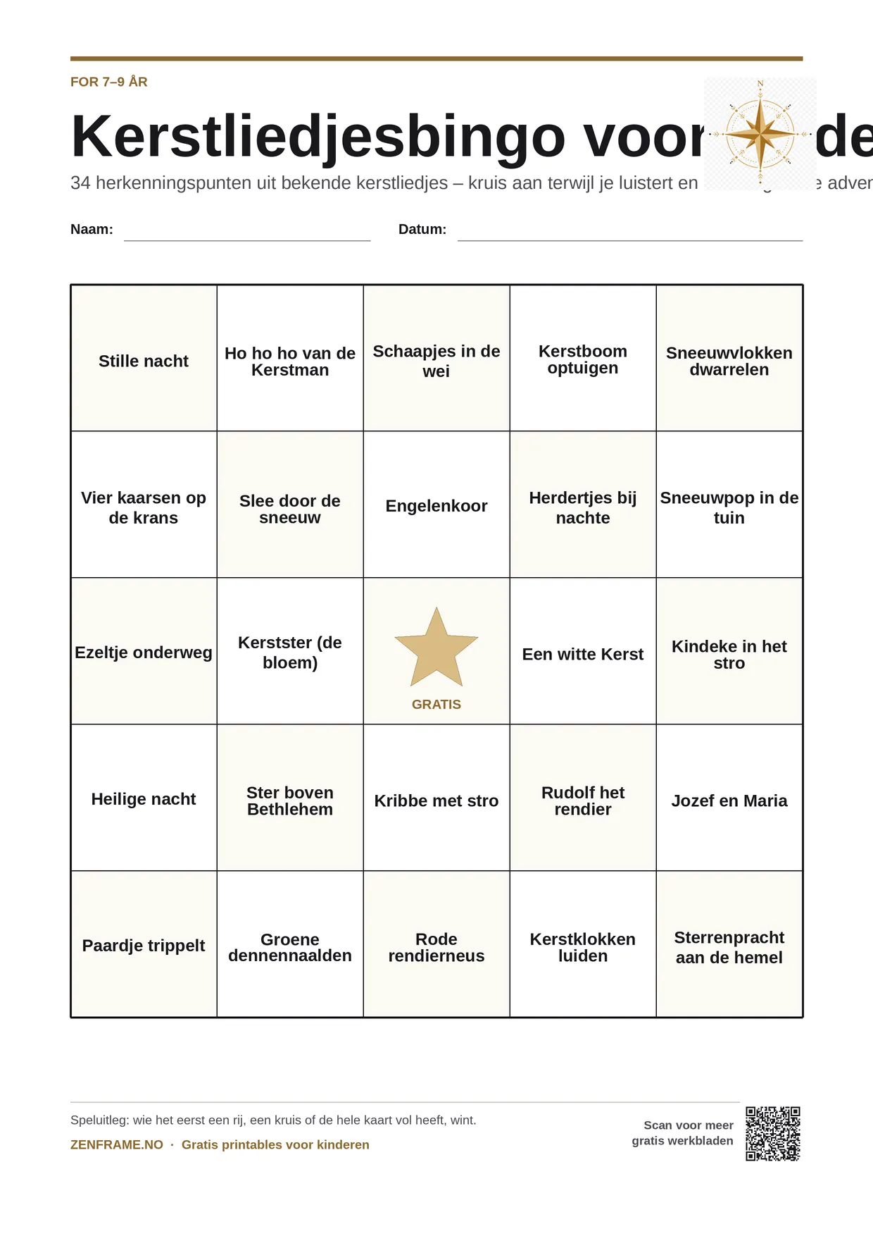 Kerstliedjesbingo voor kinderen 7–9 jaar – gratis printbare A4-kaart