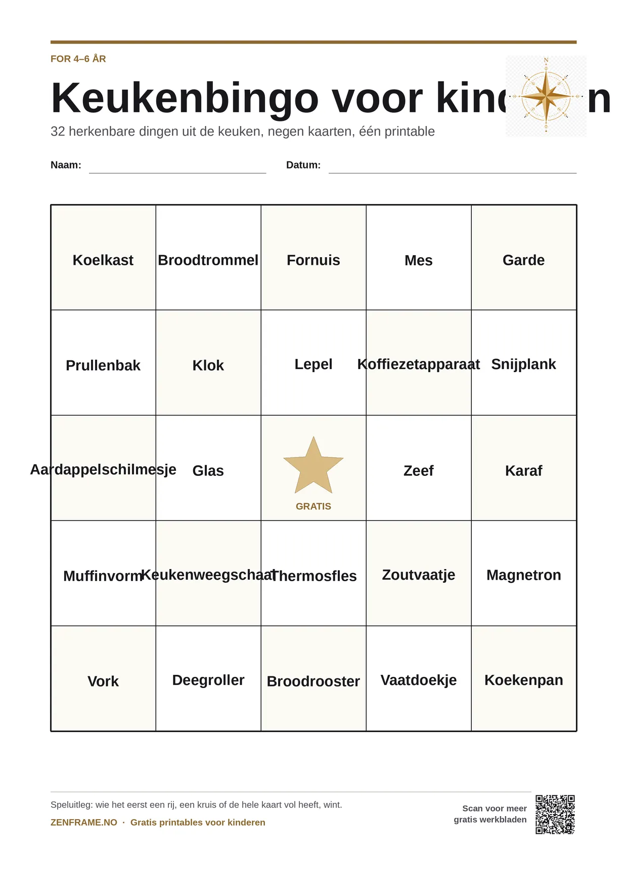 Keukenbingo voor kinderen 4–6 jaar – gratis printbare A4-kaart