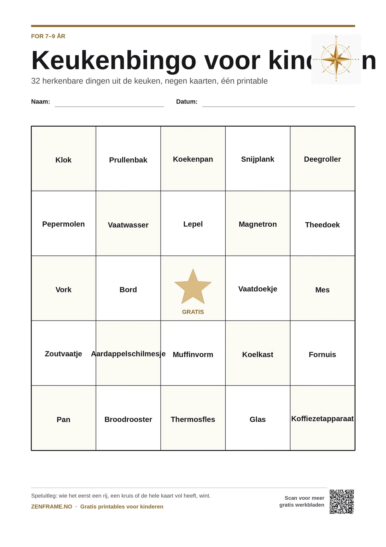 Keukenbingo voor kinderen 7–9 jaar – gratis printbare A4-kaart