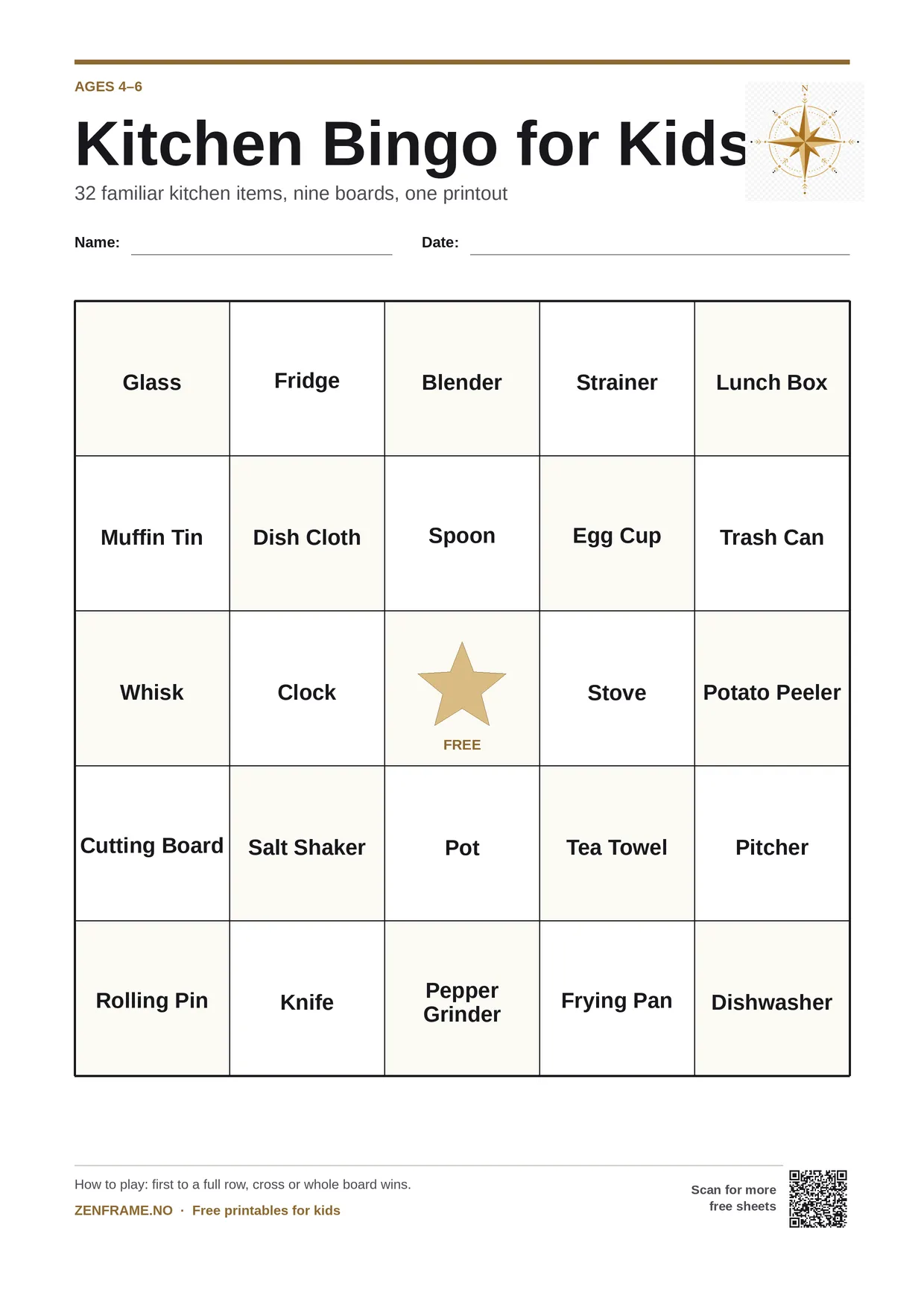 Kitchen Bingo for kids ages 4–6 – free printable A4 board