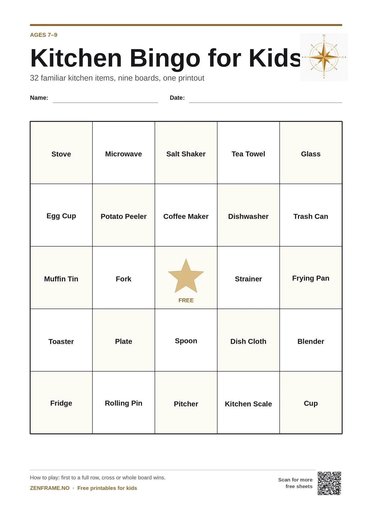 Kitchen Bingo for kids ages 7–9 – free printable A4 board
