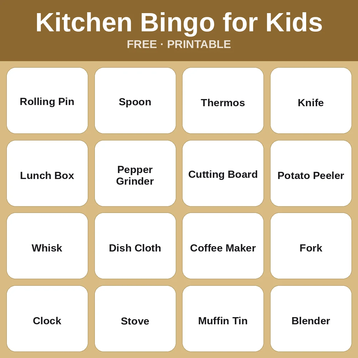 Kitchen Bingo for Kids – free printable bingo for kids