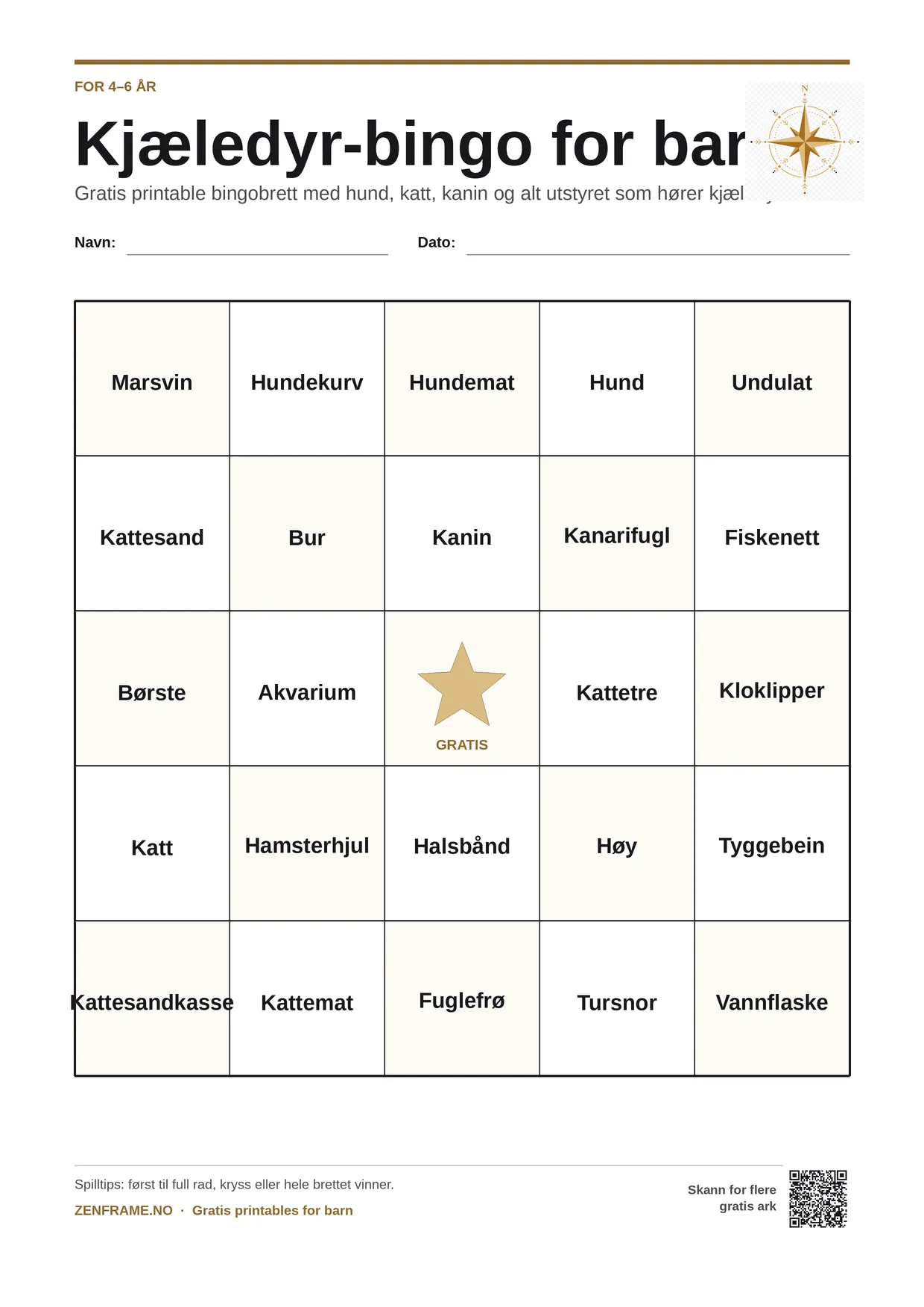 Kjæledyr-bingo for barn 4–6 år – gratis utskrivbart A4-brett