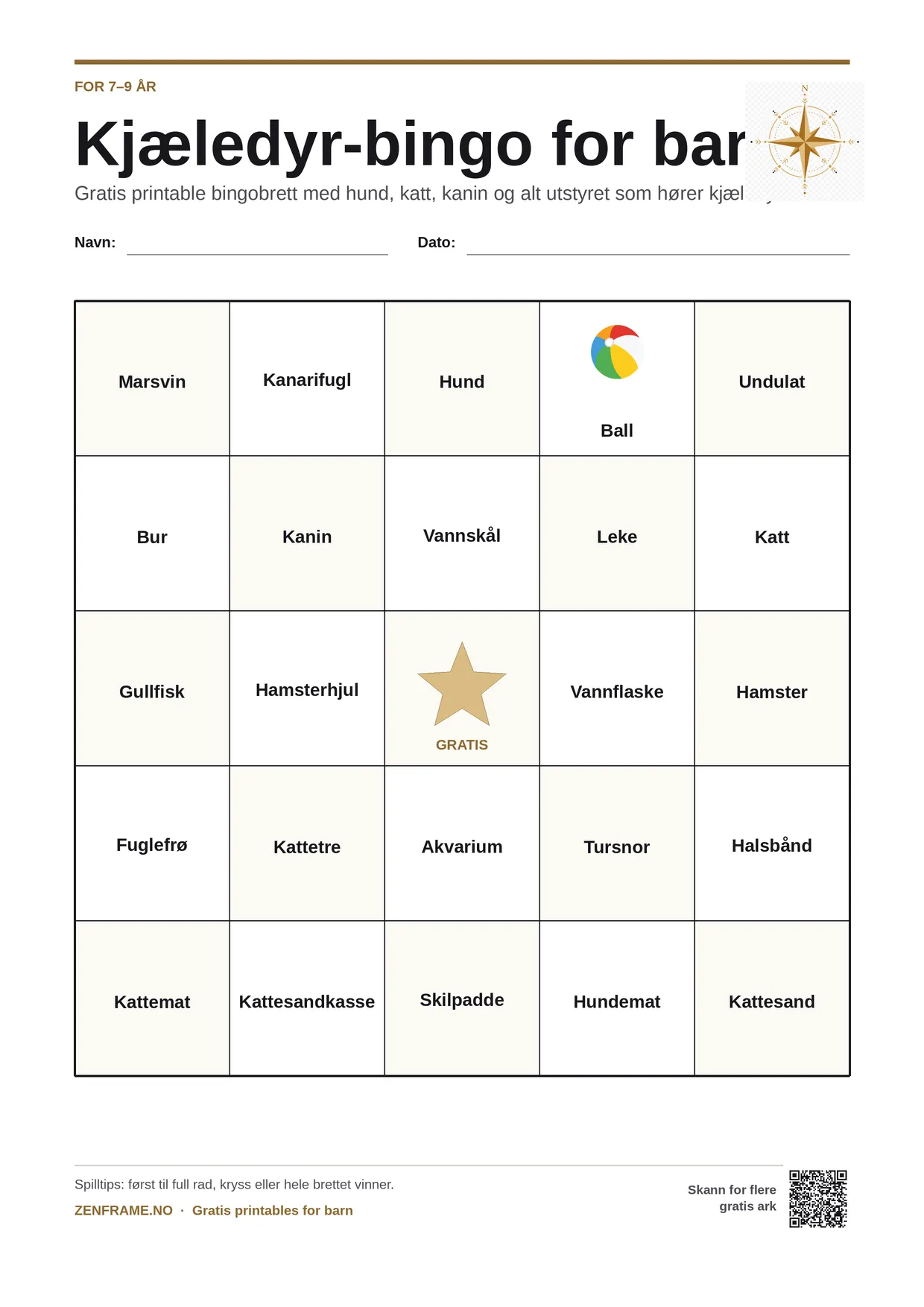 Kjæledyr-bingo for barn 7–9 år – gratis utskrivbart A4-brett