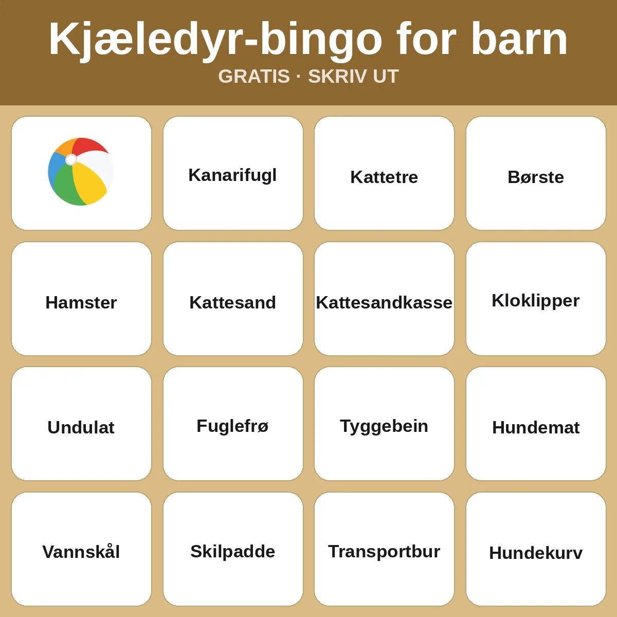 Kjæledyr-bingo for barn – gratis bingo til utskrift for barn
