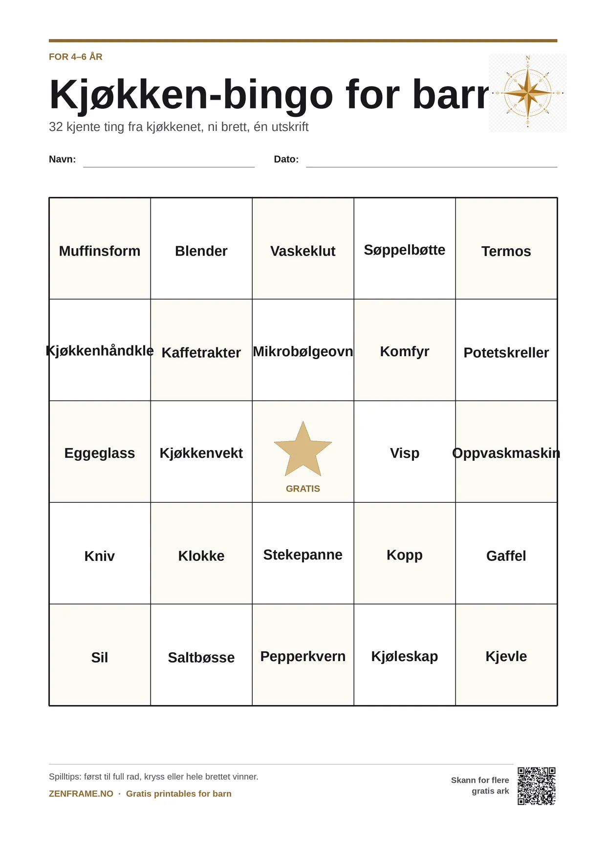 Kjøkken-bingo for barn 4–6 år – gratis utskrivbart A4-brett