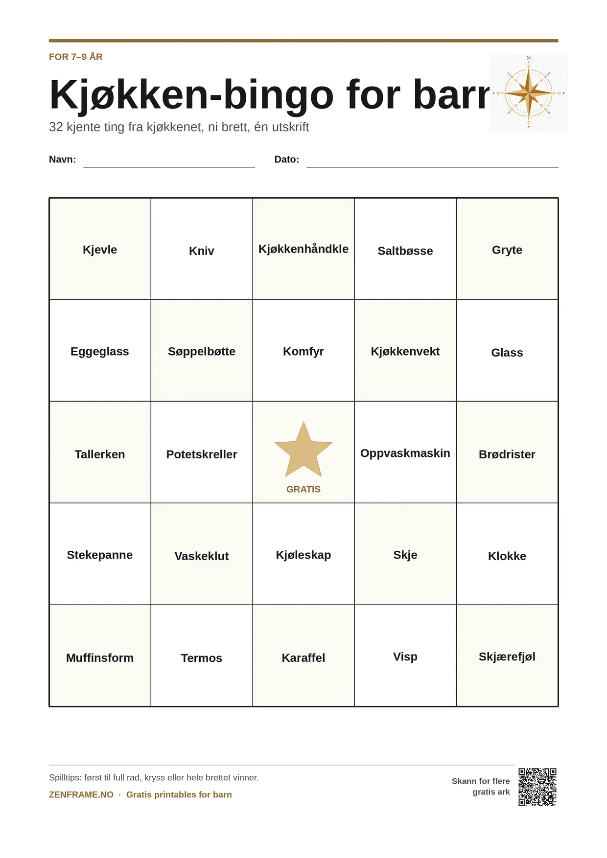 Kjøkken-bingo for barn 7–9 år – gratis utskrivbart A4-brett