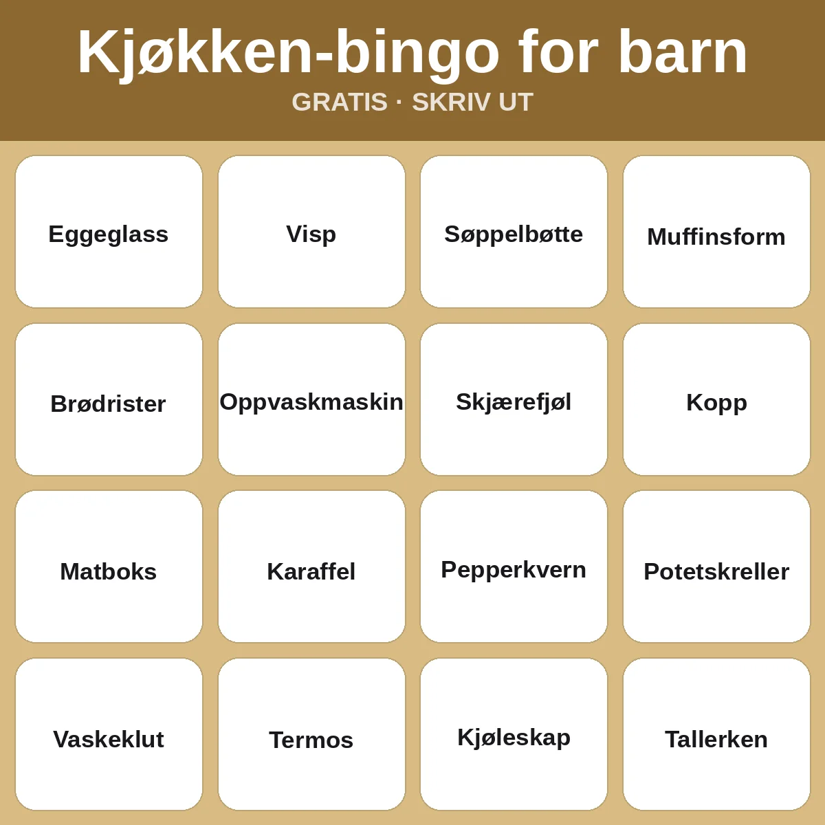 Kjøkken-bingo for barn – gratis bingo til utskrift for barn
