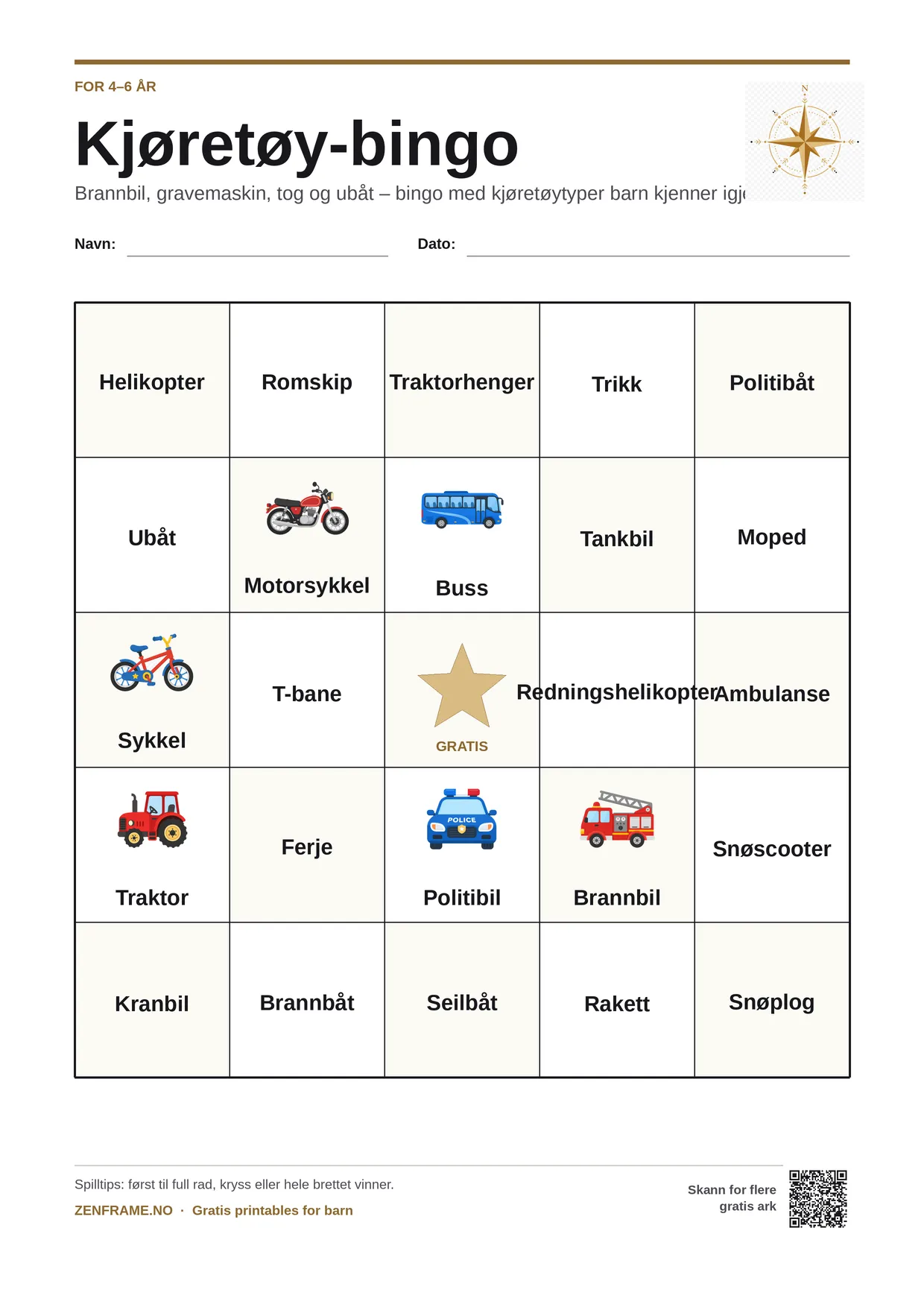 Kjøretøy-bingo for barn 4–6 år – gratis utskrivbart A4-brett