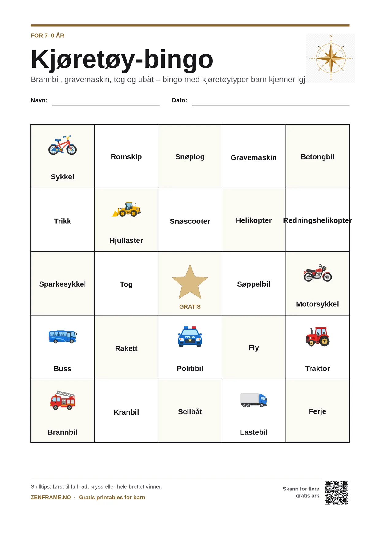 Kjøretøy-bingo for barn 7–9 år – gratis utskrivbart A4-brett