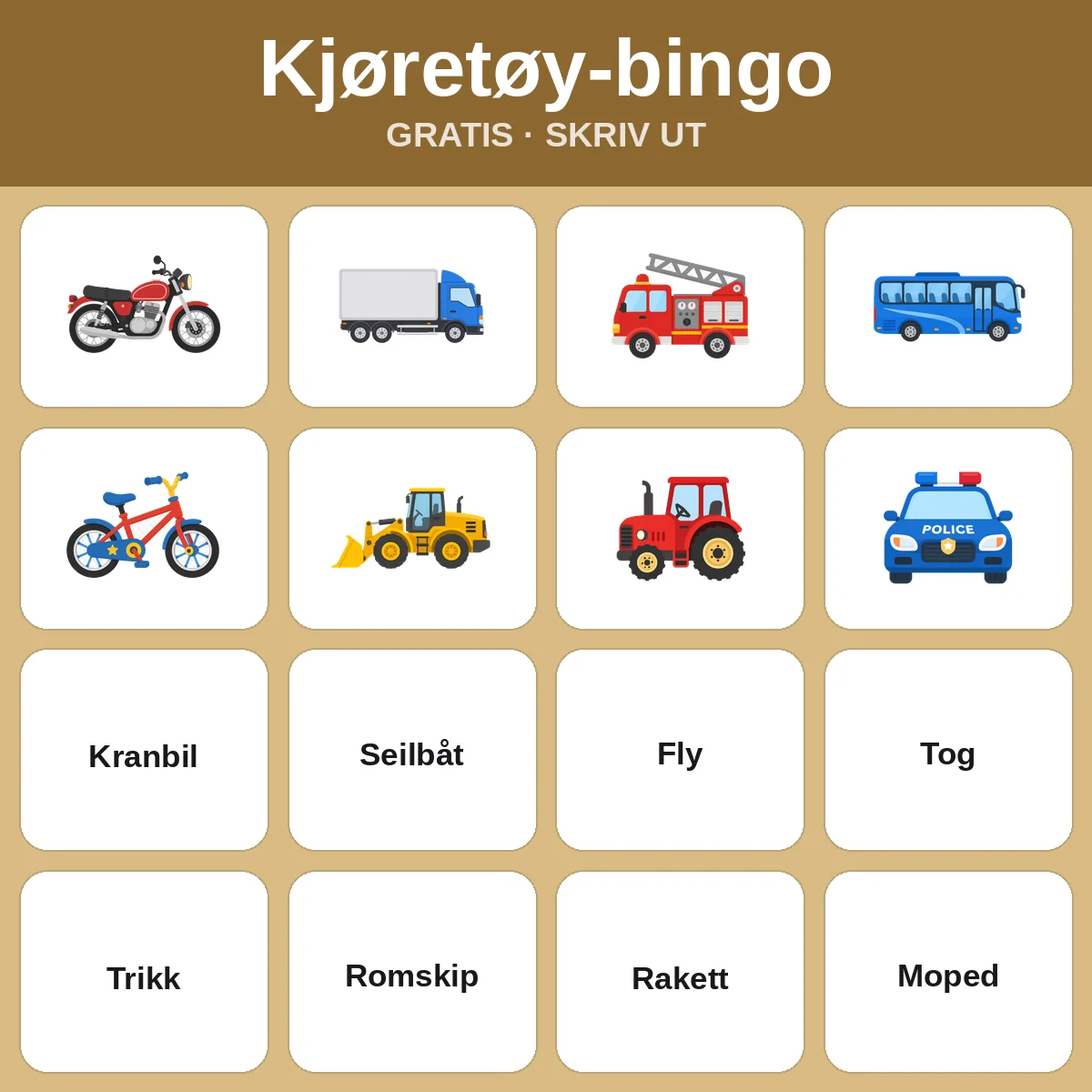 Kjøretøy-bingo – gratis bingo til utskrift for barn